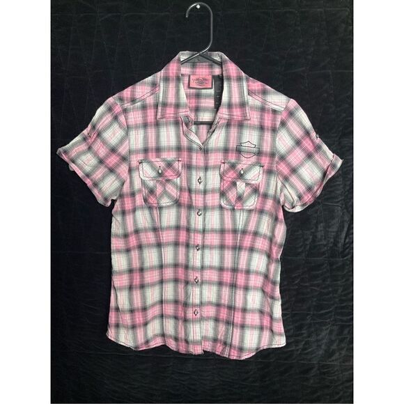 Harley Davidson size Medium pink plaid button top - Picture 1 of 12